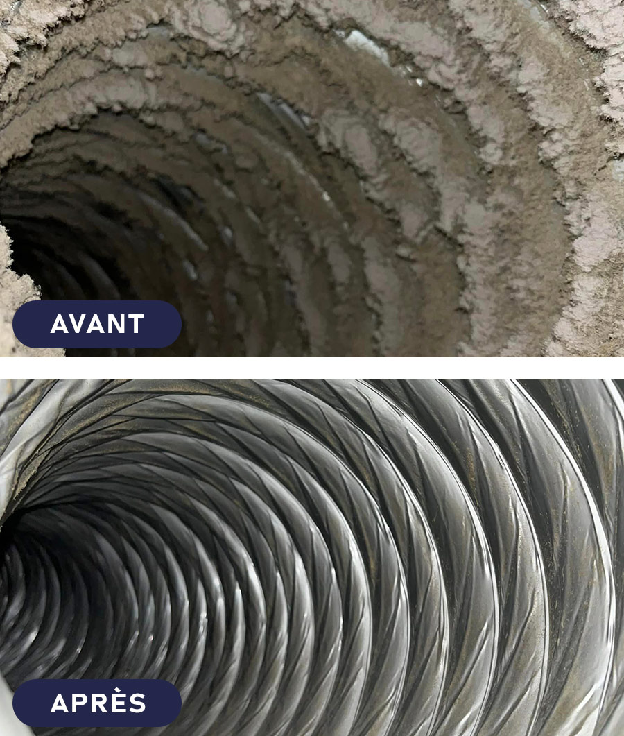 Comparaison avant et après le nettoyage d'un conduit flexible, montrant un intérieur fortement obstrué par la poussière avant l'intervention et parfaitement propre après un entretien professionnel.